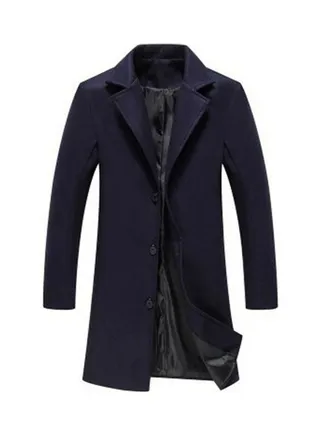 Solid Single-Breasted Lapel Long Jacket Navy Blue 