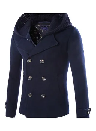 Double-Breasted Zipper Detachable Cap Short Coat Navy Blue 