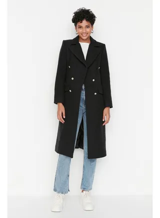 Black Fitted Belt and Gold Button Long Wool Cachet Coat TWOAW23KB00018 