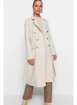 Stone Fitted Belt and Gold Button Long Wool Cachet Coat TWOAW24KB00022 