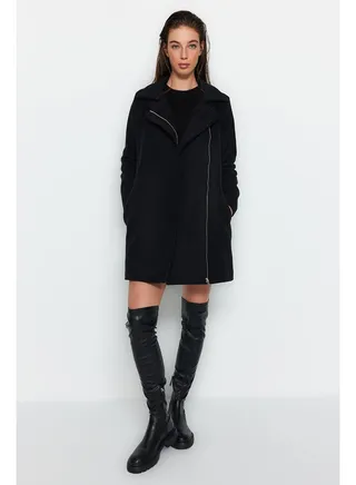 Black Mono Closed Wool Cachet Coat TWOAW24KB00084 