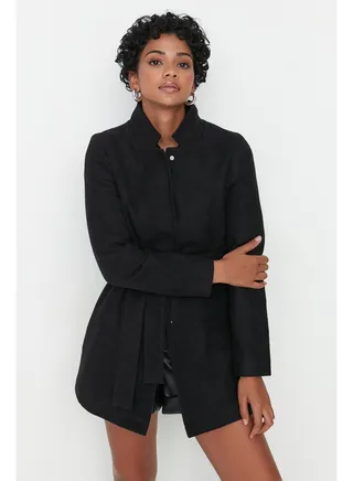 Black Belted Woolen Cachet Coat TWOAW21KB0032 