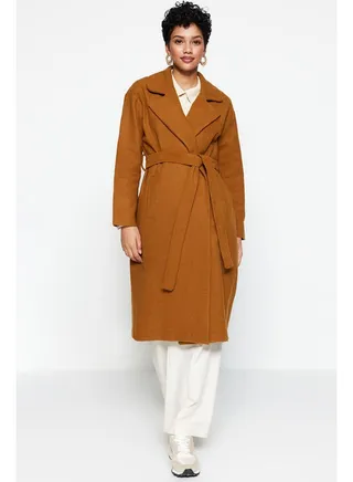 Camel Jacket Collar Belted Lined Coat TCTAW22AB0008 