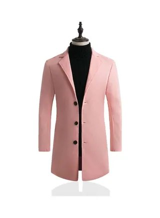 Men Slim Single-breasted  V-Neck Woolen Trench Coat Pink 
