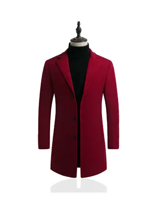 Men Slim Single-breasted  V-Neck Woolen Trench Coat wine red 