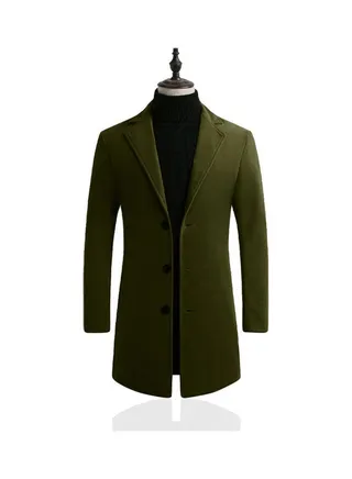 Men Slim Single-breasted  V-Neck Woolen Trench Coat army green 