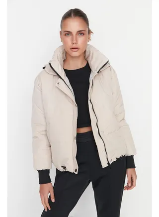 Beige Oversized Hooded, Water-repellent Quilted Inflatable Coat TWOAW21MO0144 