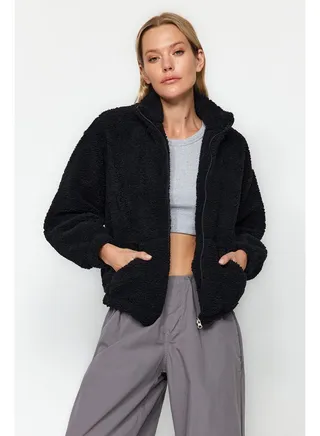 Black Oversize Plush Pocket Coat TWOAW24MO00373 