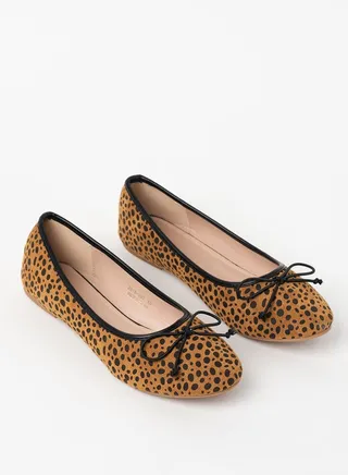 Animal Pattern Bow Detail Ballerina Tan/Black 