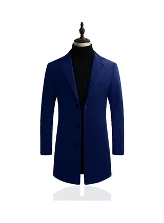 Men Slim Single-breasted  V-Neck Woolen Trench Coat Navy  blue 