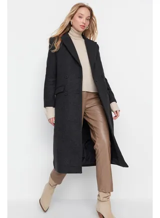 Black Herringbone Patterned Long Stamped Coat TWOAW23KB00149 