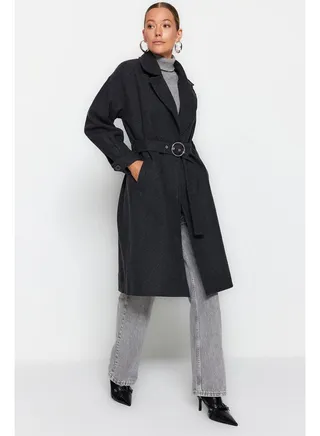 Dark Anthracite Round-Belt Long Wool Cachet Coat TWOAW20KB0029 
