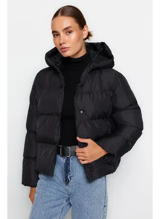 Black Oversize Hooded Water Repellent Inflatable Coat TWOAW24MO00237 