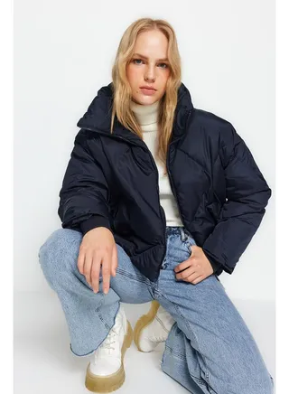 Navy Blue Oversized Water Repellent Inflatable Quilted Coat TWOAW24MO00146 