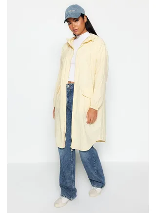 Light Beige Oversize Hooded Water Repellent Long Raincoat TWOAW24MO00256 