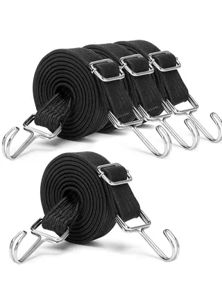 4 Pack Bungee Cords With Hooks Set Black Adjustable 80" Long Flat Heavy Duty Elasticity Straps with Length Adjustment Metal Buckle Luggage Elastic Rope for Moving Cargo 