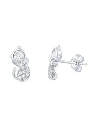 925 Sterling Silver Kitty Cat Stud Earrings With Cubic Zirconia 