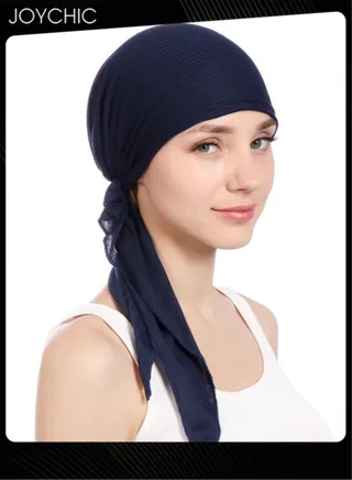 Women's Solid Color Wrinkle Turban Cotton Chemo Hat Casual Windproof Head Scarves Slip-On Pre-Tied Hijab  for Ladies All Seasons Navy 