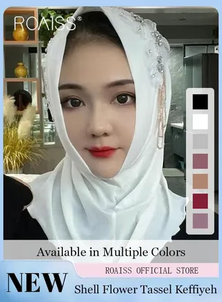 Women Chiffon Hijab Muslim Casual Scarf with Floral Pearl Turban for Ladies  Beaded Decoration Versatile All-Season Wearable Traditional Hijab 