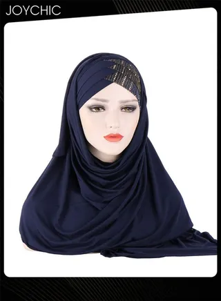 Muslim Hijab Instant Hijab for Women Glitter Sequin Forehead Cross Turban Islamic Head Scarves Shawl Wrap Long Fashion Chiffon Scarf Premium Head Cover for Women and Girls Navy 