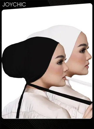 2 Packs Women Solid Color Modal Elastic Strap Hijab Skin-friendly Under Scarf with Adjustable Tie-Back Closure Black and White 