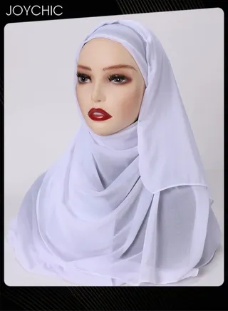 Solid Color Women Muslim Headwear Wearable Traditional Wear Long Fashion Pearl Chiffon Adjustable Head Scarf for Ladies All Seasons Hijab White One Size 