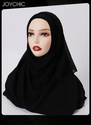 Solid Color Women Muslim Headwear Wearable Traditional Wear Long Fashion Pearl Chiffon Adjustable Head Scarf for Ladies All Seasons Hijab Black One Size 