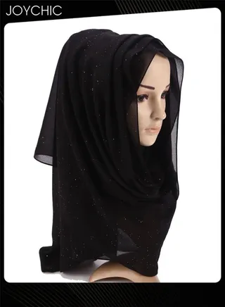 Solid Color Gold Powder Women Muslim Headwear Wearable Traditional Wear Long Fashion Pearl Chiffon Head Scarf for Ladies All Seasons Hijab Black One Size 