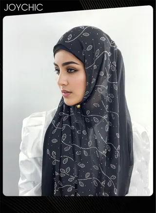 Diamond Leaf Pattern Pearl Chiffon Skin-friendly Women Muslim Headwear Wearable Traditional Wear Long Head Scarf for All Seasons One Size 