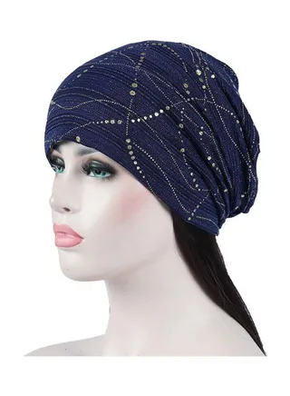 Breathable Muslim Sequin Turban Navy Blue 