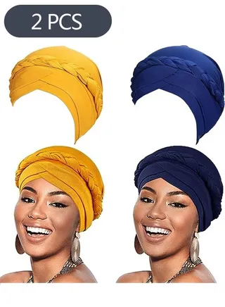 2-Piece Women Turban Cap, Head Wrap Knot Pre-Tied Bonnet Braid  Turban Hat (Yellow &Navy Blue) 