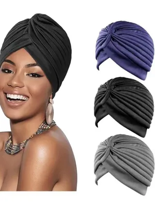 3 Pieces Turbans for Women Soft Turban Head Wrap Pleated Beanie Cap 