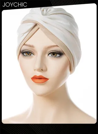 Muslim Hijab Instant for Women two-color Stitching Forehead Cross Turban Islamic Fashion Cotton Head Cover and Girls White+Beige 