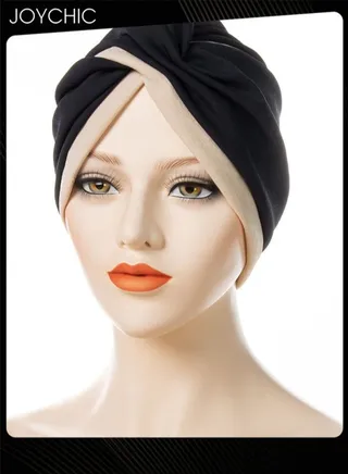 Muslim Hijab Instant for Women Two-color Stitching Forehead Cross Turban Islamic Fashion Cotton Head Cover Ladies and Girls Black+Beige 