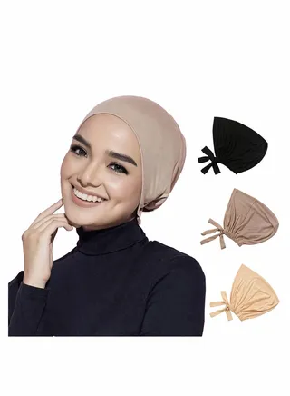 3-Piece Solid Color Women Under Scarf Chemo Headwear Hat Stretchable Hijab Cap Islamic Muslim with Adjustable Tie-Back Closure 