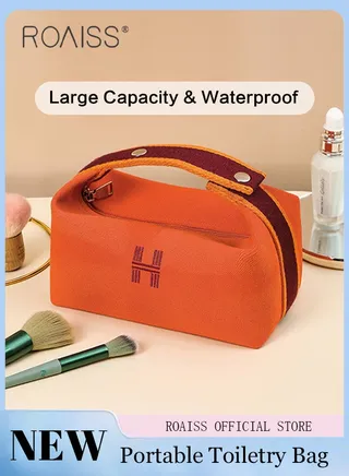 Minimalist Portable Waterproof Toiletry Bag for Women Stylish Canvas Cosmetic Travel Bag Pouch for Girls Large Capacity Storage Bag for Cosmetic Skincare Products or Trip Accessories in Orange 