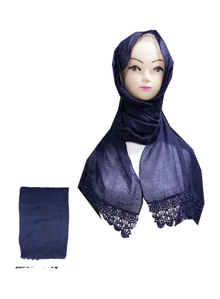 Embroidered Lace Detail Hijab Dark Blue 