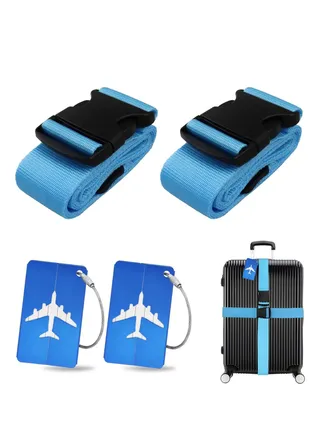 Luggage Straps for Suitcases, Cargo Strap, 2pcs Travel Suitcase Straps with 2pcs Luggage Tags, Wide Adjustable Packing Straps with Buckle for Suitcase Luggage Baggage, 70 x 2 Inch Blue 