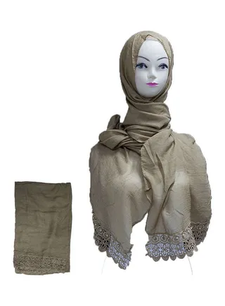 Embroidered Lace Detail Hijab Light Brown 