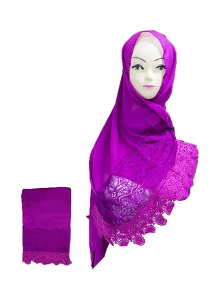 Floral Embroidered Lace Detail Hijab Purple 