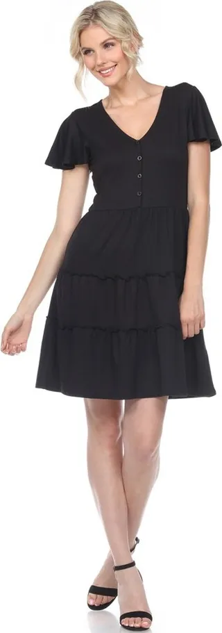 Short Sleeve V-neck Tiered Dress Black Medium - White Mark