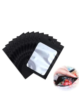 Food Storage Bags, Resealable Mylar Smell Proof with Clear Window Coffee Beans Packaging Pouch for Self Sealing Supplies Black, 2.4 x 4 Inch 100 Pieces 