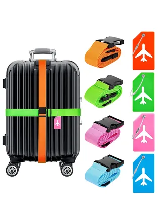 Luggage Straps Set, 4pcs Travel Suitcase Straps with 4pcs Silicone Luggage Tags, Adjustable Suitcase Belts, Suitcase Tags with Name ID Card for Luggage Suitcase Travel Accessories Multi-Coloured 