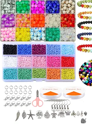 Mega set Small Craft Beads Assorted Kit with Organizer Box and extra box of Gemstone and Crystals for DIY Bracelets, Jewelry Making 