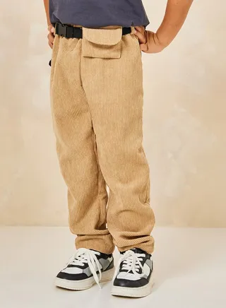Solid Corduroy Pants with Waist Bag 