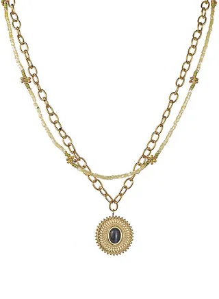 Gold plated circular gemstone pendant with retro double layered beaded necklace popular accessory 