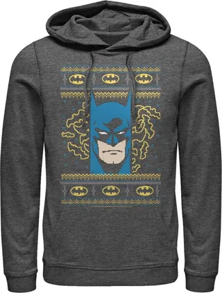 Men's Batman Ugly Christmas Masked Hero Pull Over Hoodie - Charcoal Heather - 2X Large