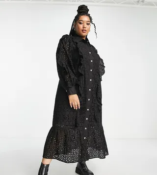 Reclaimed Vintage plus inspired eyelet midi smock shirt dress in black