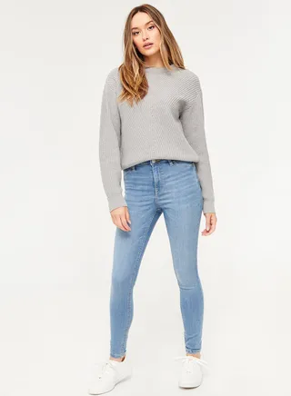 Button Closure High Waist Jeggings Blue 