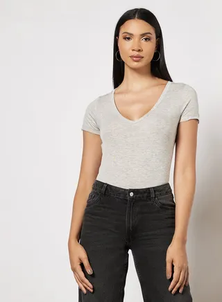 Basic V-Neck Bodysuit Grey Marl 